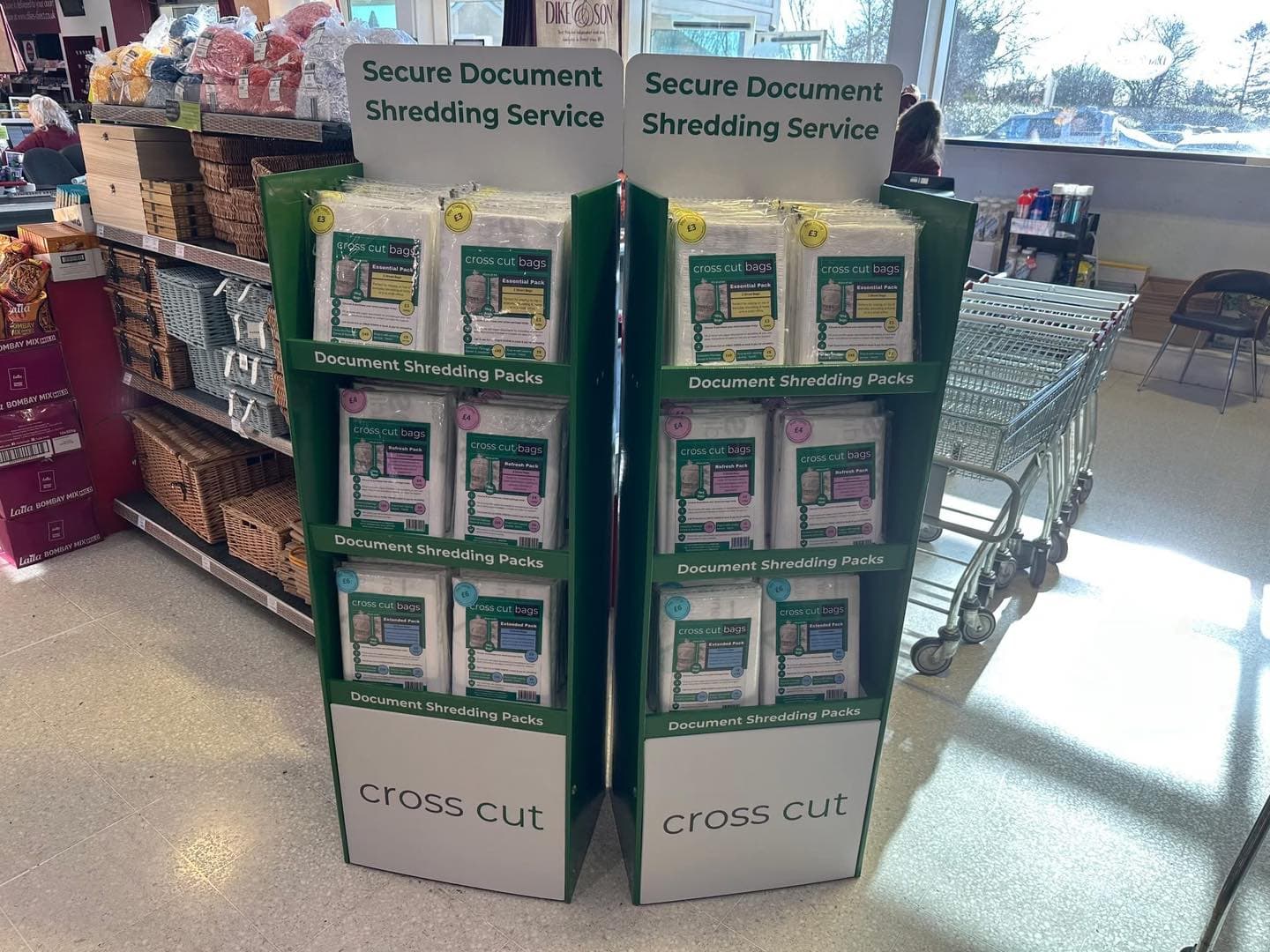 Cross Cut Shredding bags display in Dike & Son Stalbridge